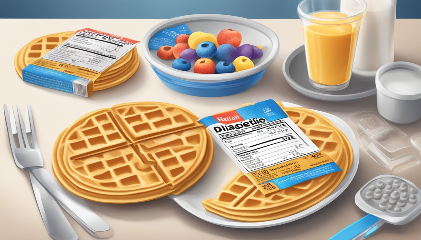 A plate with several Nutri-Grain Eggo waffles, a nutrition label, and a diabetic testing kit nearby