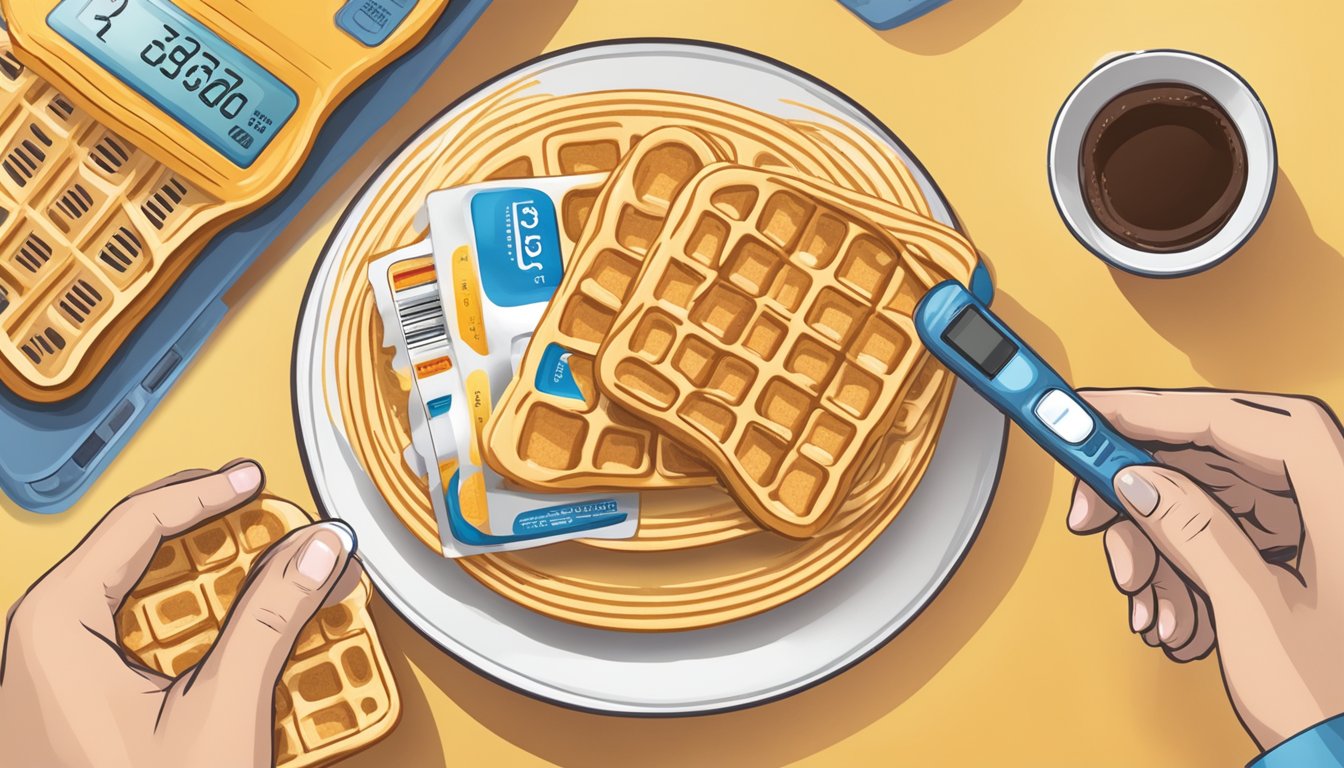 A plate with three Eggo waffles, a nutrition label, and a hand holding a glucometer