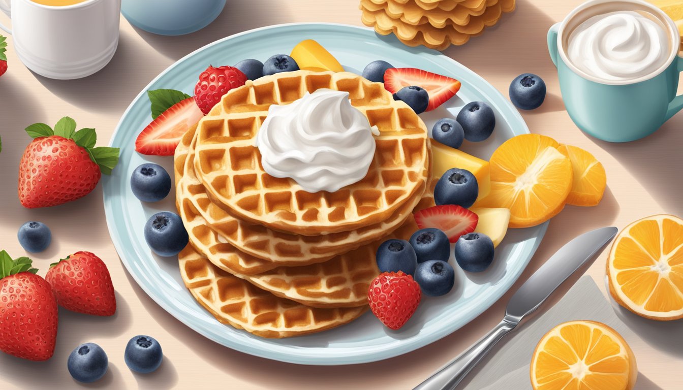 A plate with three Kellogg's Nutri-Grain Eggo waffles, surrounded by a spread of fresh fruit and a dollop of sugar-free whipped cream