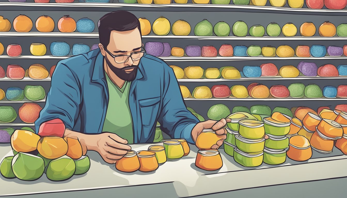 A diabetic carefully examines a stack of Dole fruit cups, pondering the health benefits and risks of consuming them