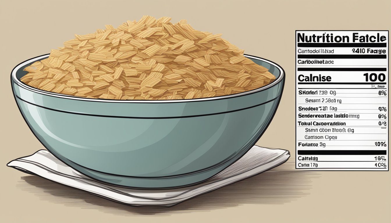 A bowl of Post Shredded Wheat with a serving size of 1 1/4 cups and a nutrition label showing the carbohydrate content