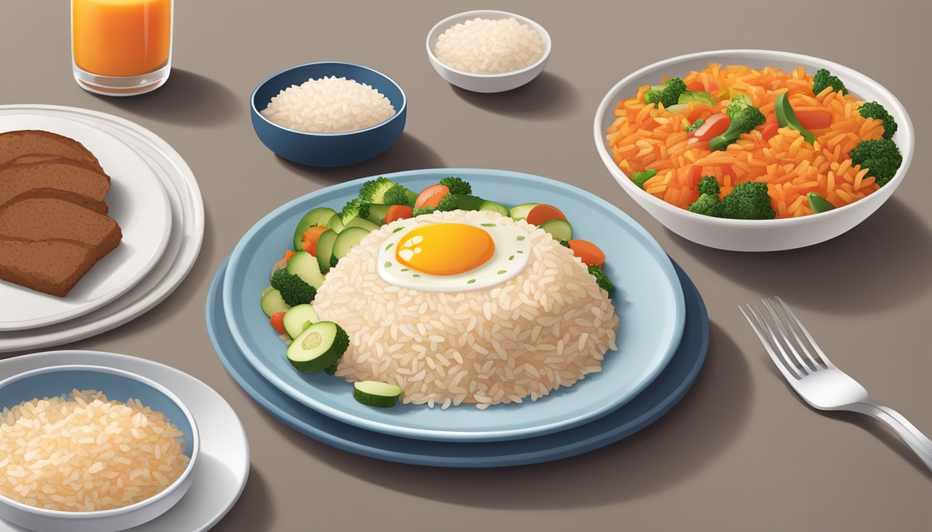 A plate with a measured portion of Uncle Ben's rice next to a diabetes-friendly meal, such as lean protein and vegetables, on a table