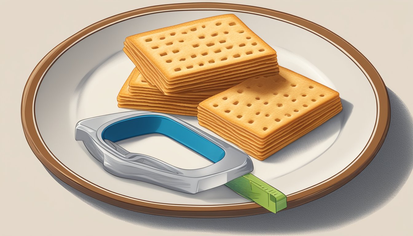 A plate with a small pile of Nabisco Reduced Fat Wheat Thins next to a measuring tool to indicate portion size for diabetics