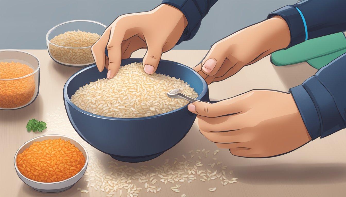 A diabetic measuring a portion of Uncle Ben's rice with a measuring cup