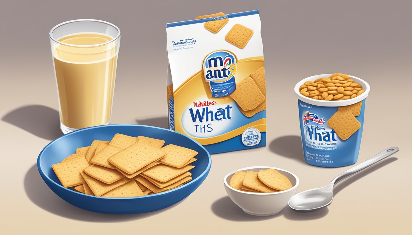 A plate with a serving of Nabisco Reduced Fat Wheat Thins next to a measuring cup and a diabetes-friendly portion guide