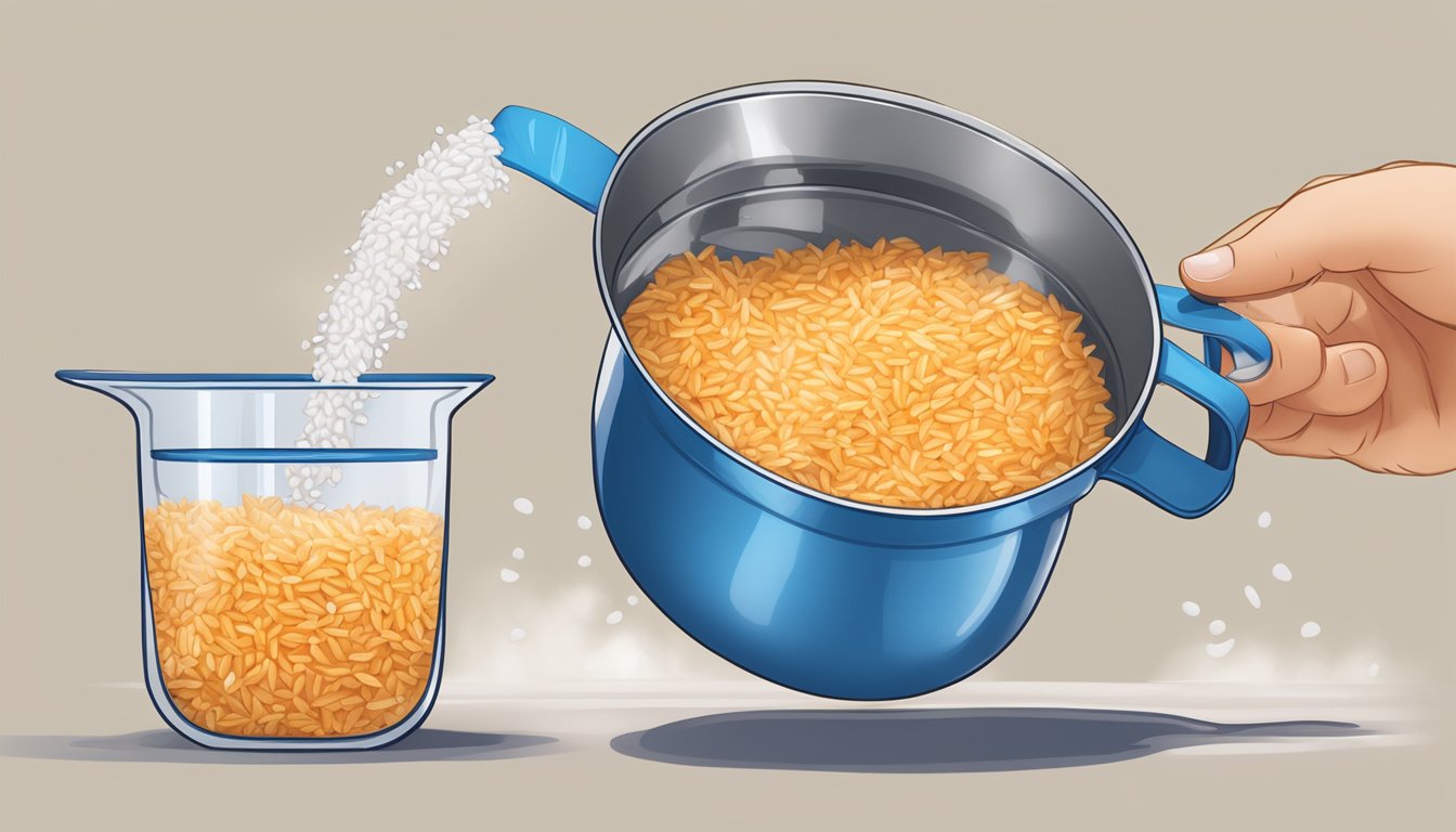 A measuring cup pouring Uncle Ben's rice into a pot of boiling water