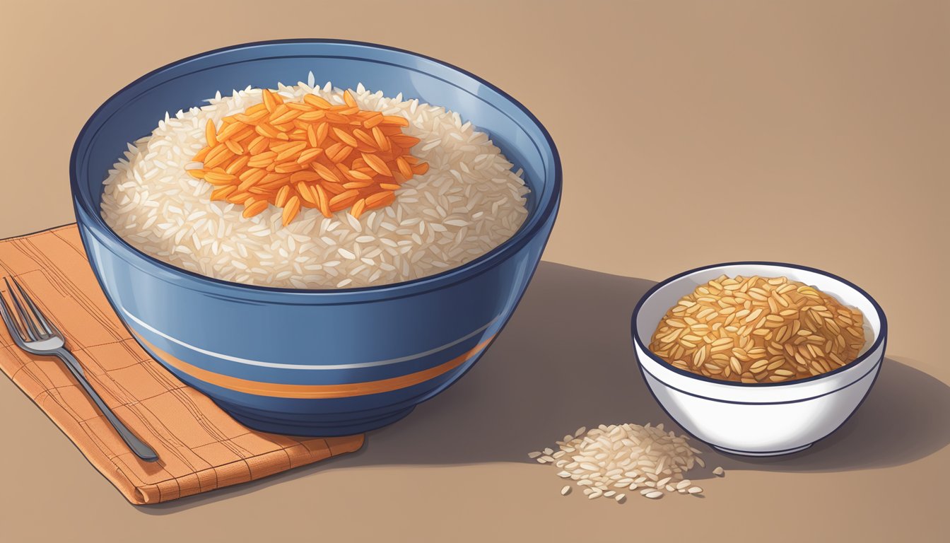 A bowl of Uncle Ben's rice with a portion size guide next to it