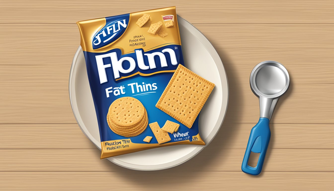 A plate with a small portion of Nabisco Reduced Fat Wheat Thins next to a measuring tool to indicate portion size