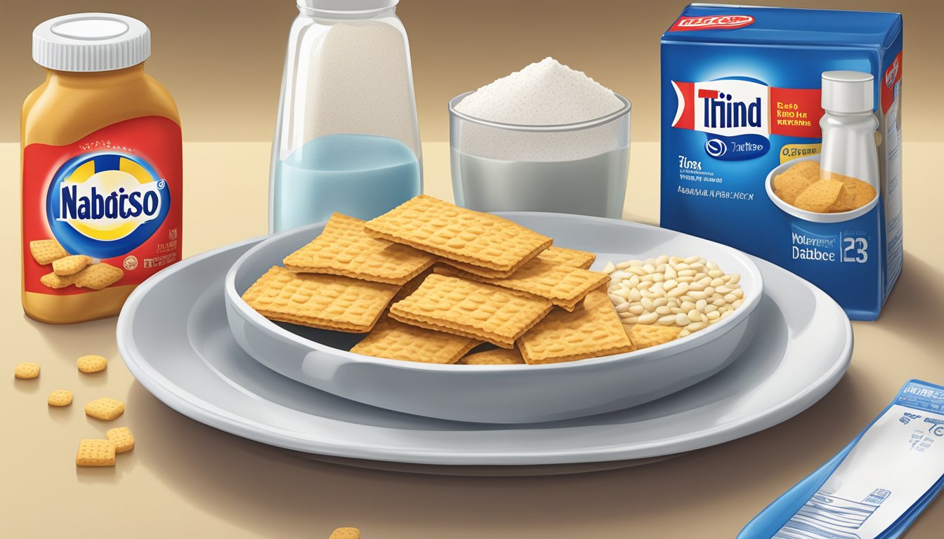 A plate with a serving size of Nabisco Reduced Fat Wheat Thins next to a measuring cup and a diabetes medication bottle