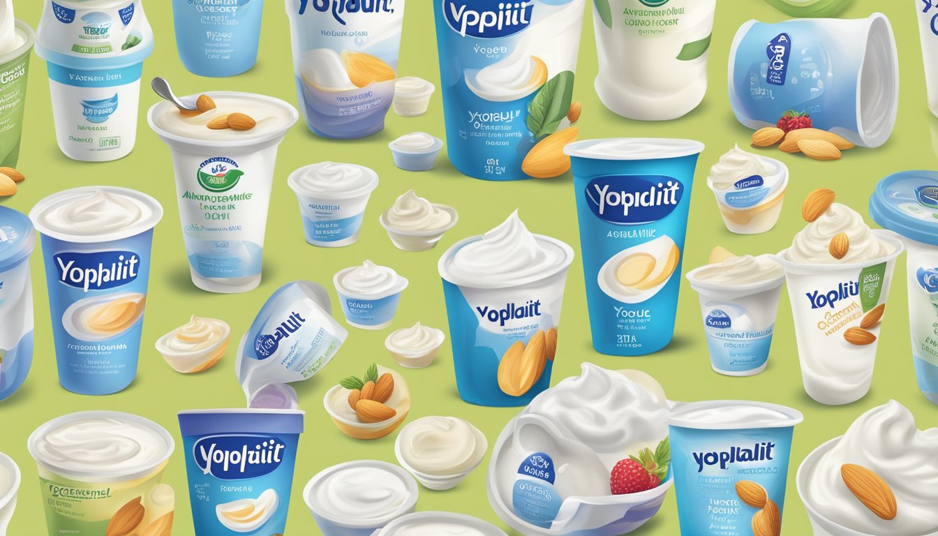 A diabetic holding a small cup of Yoplait Original yogurt, surrounded by various alternative yogurt options such as Greek yogurt, almond milk yogurt, and coconut milk yogurt