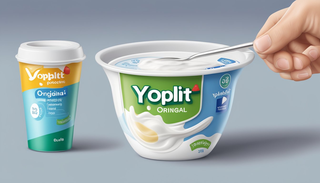 A diabetic carefully measuring and portioning out Yoplait Original yogurt with a measuring cup and checking the nutrition label