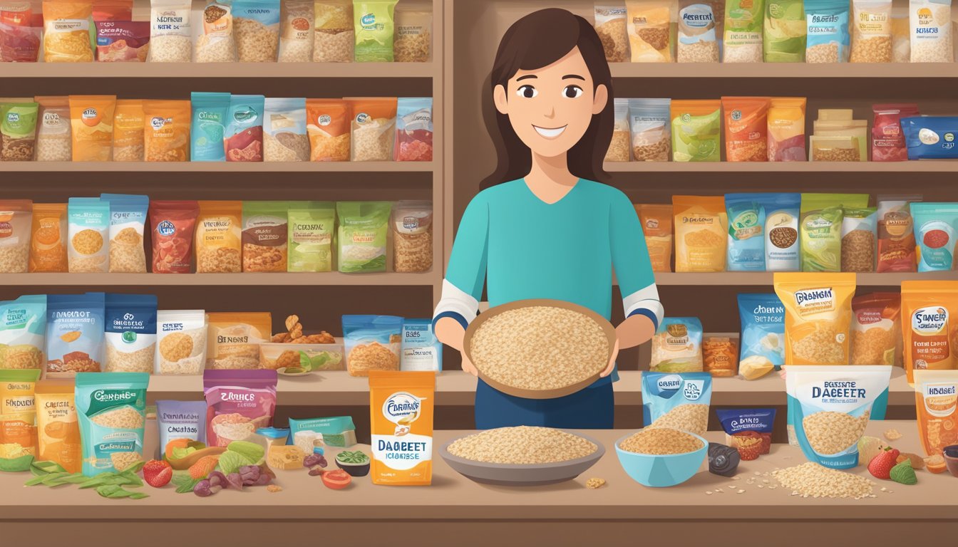 A person with diabetes holding a single Quaker Instant Oatmeal packet, surrounded by various healthy food options