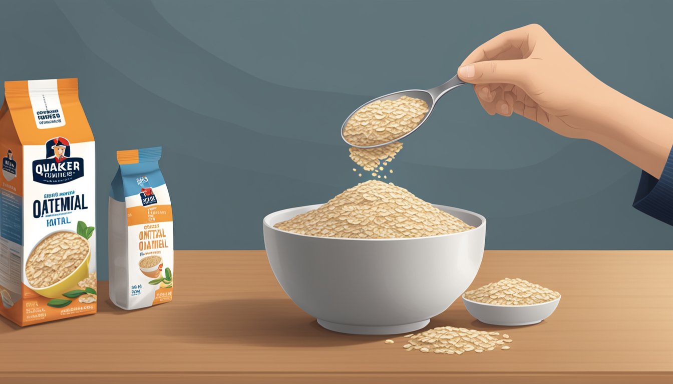 A person pouring Quaker Instant Oatmeal into a bowl, with a packet in hand and a nutrition label visible