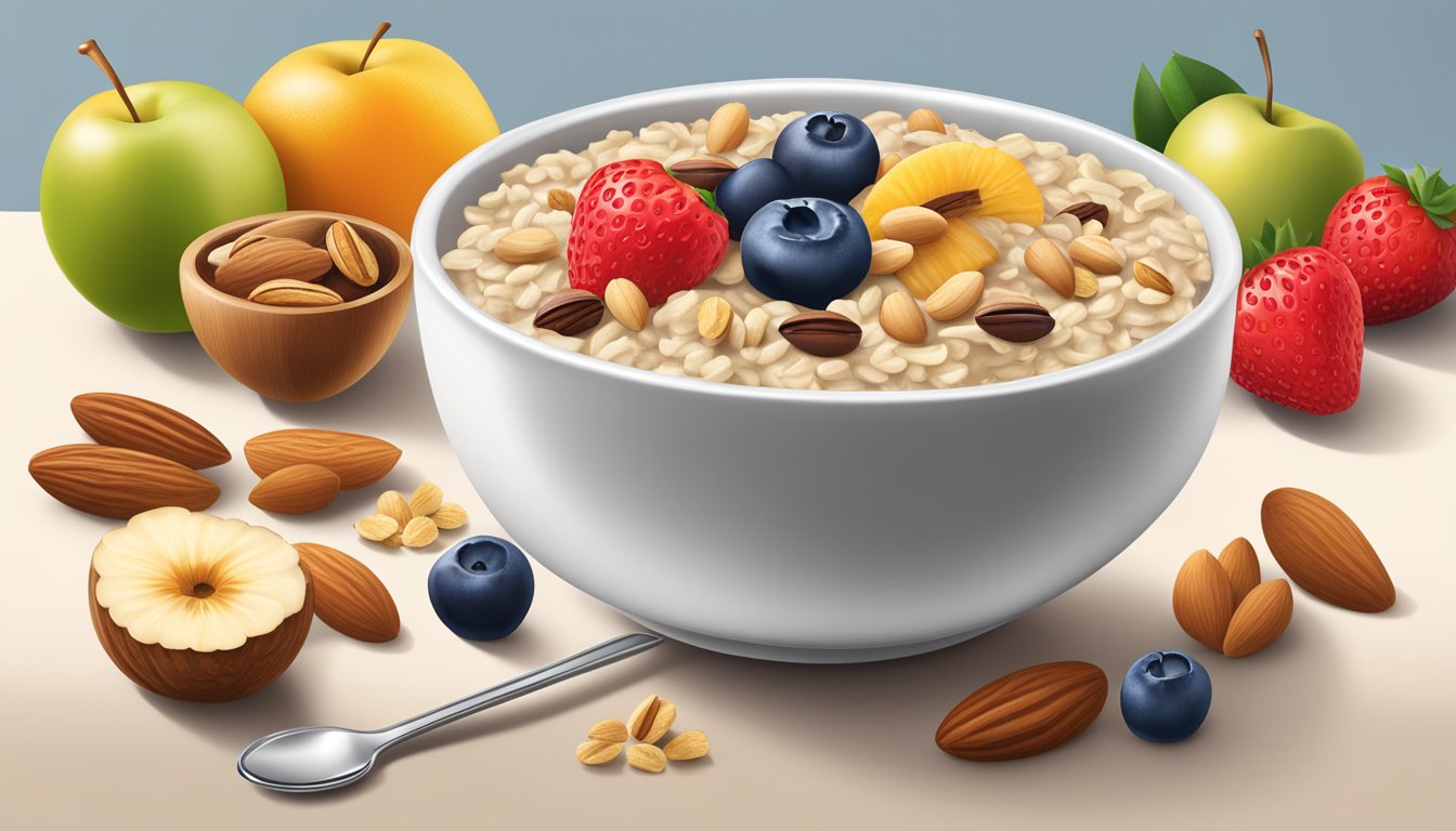 A bowl of Quaker Instant Oatmeal with a spoon beside it, surrounded by a variety of fruits and nuts