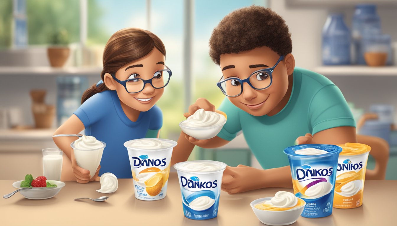 A diabetic enjoying a small serving of Dannon Oikos Greek yogurt with various flavors displayed on a table