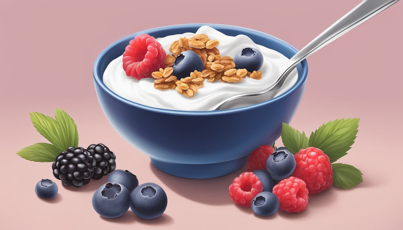 A small bowl of Dannon Oikos Greek yogurt with a spoon beside it, surrounded by fresh berries and a sprinkle of granola