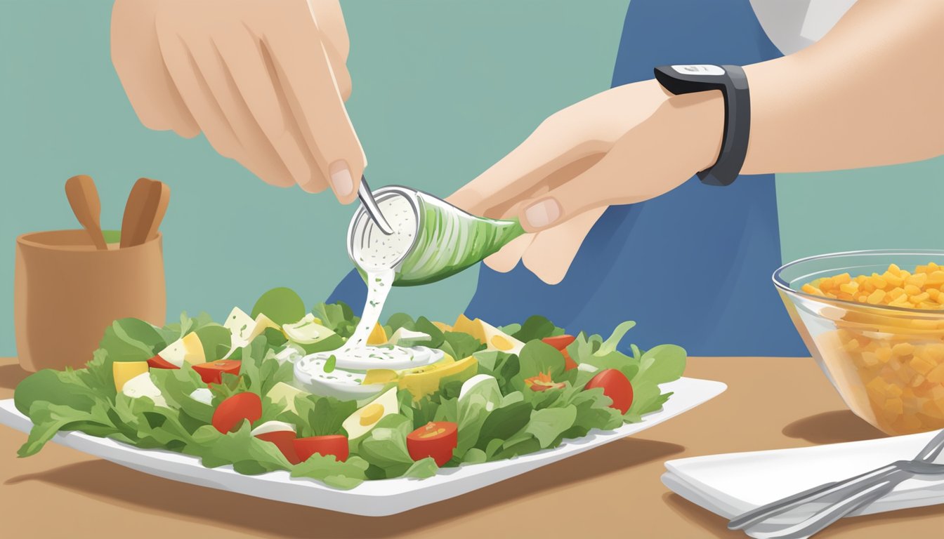 A diabetic measuring out a small portion of Hidden Valley Ranch dressing onto a salad