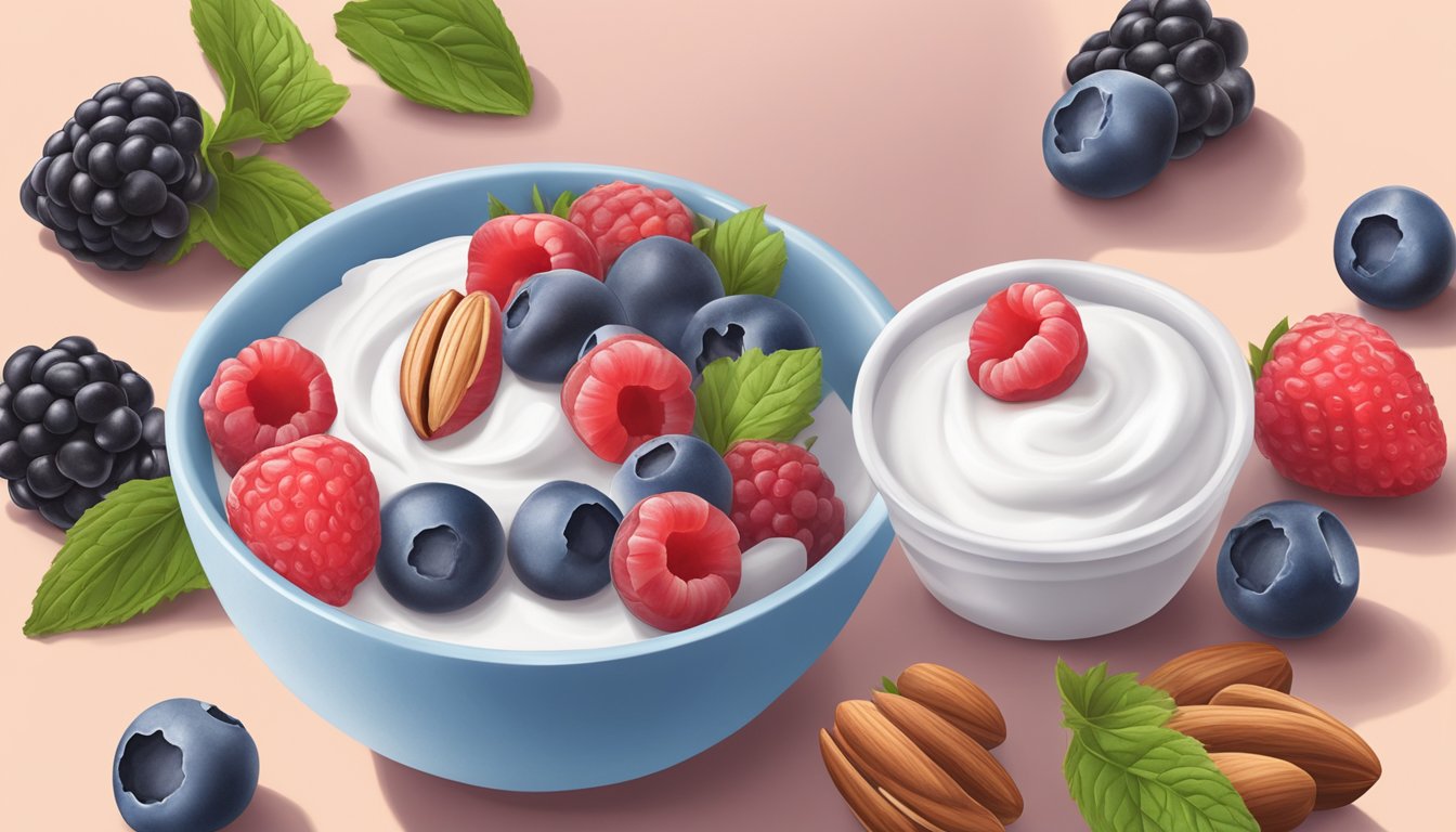 A diabetic's hand scoops a serving of Dannon Oikos Greek yogurt into a small bowl, surrounded by fresh berries and nuts