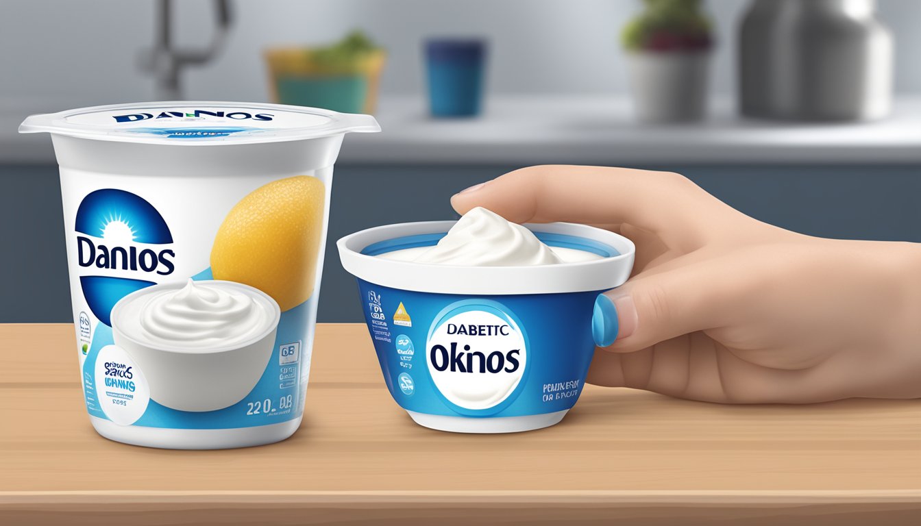 A diabetic measuring a serving of Dannon Oikos Greek yogurt with a measuring cup