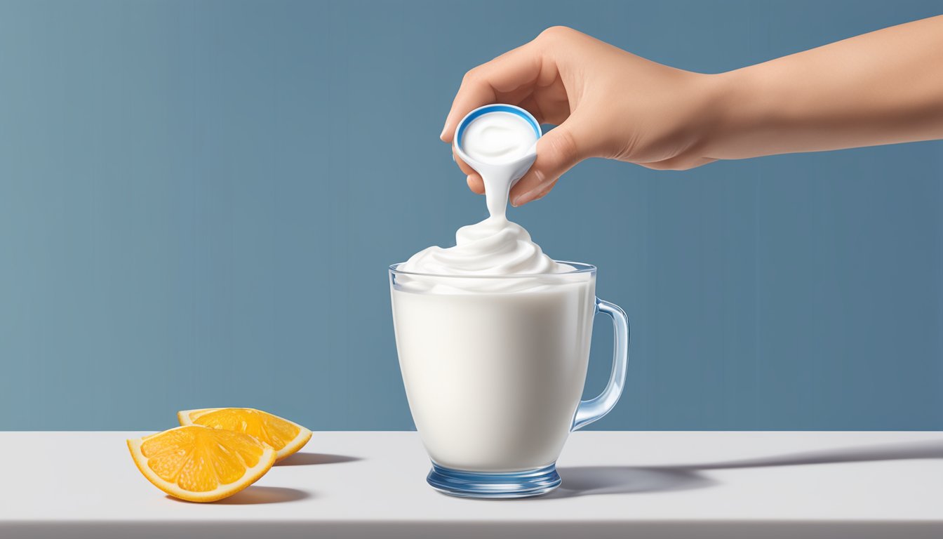 A diabetic hand holding a single serving of Dannon Oikos Greek yogurt, with a measuring cup nearby for portion control