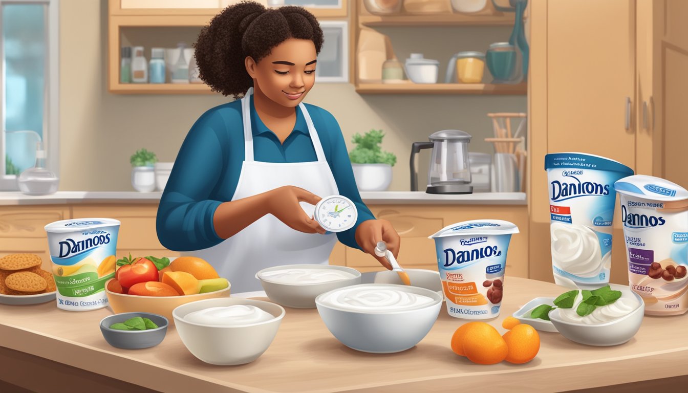 A diabetic carefully measures out a portion of Dannon Oikos Greek yogurt with a measuring cup, surrounded by various food items and a glucometer on the counter