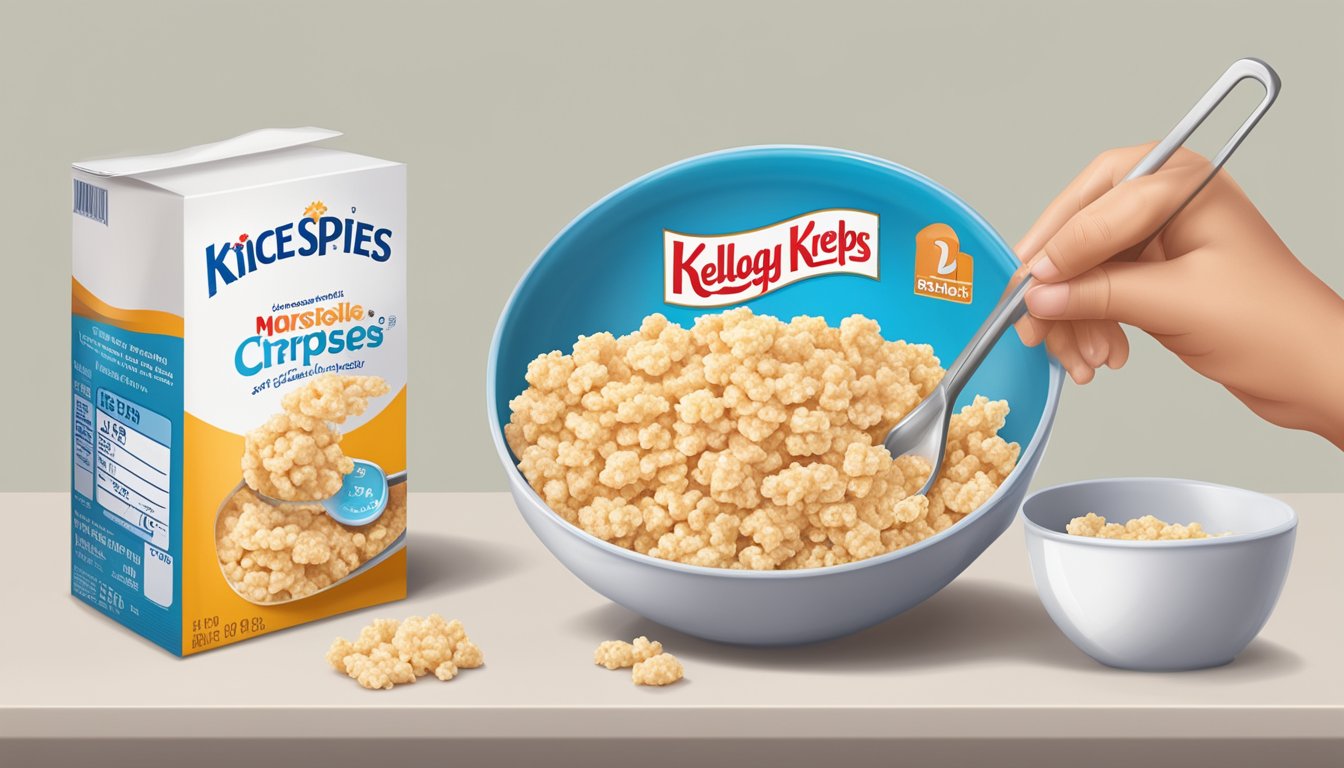 A diabetic carefully measures out a small portion of Kellogg's Rice Krispies into a bowl, alongside a measuring cup and a nutrition label