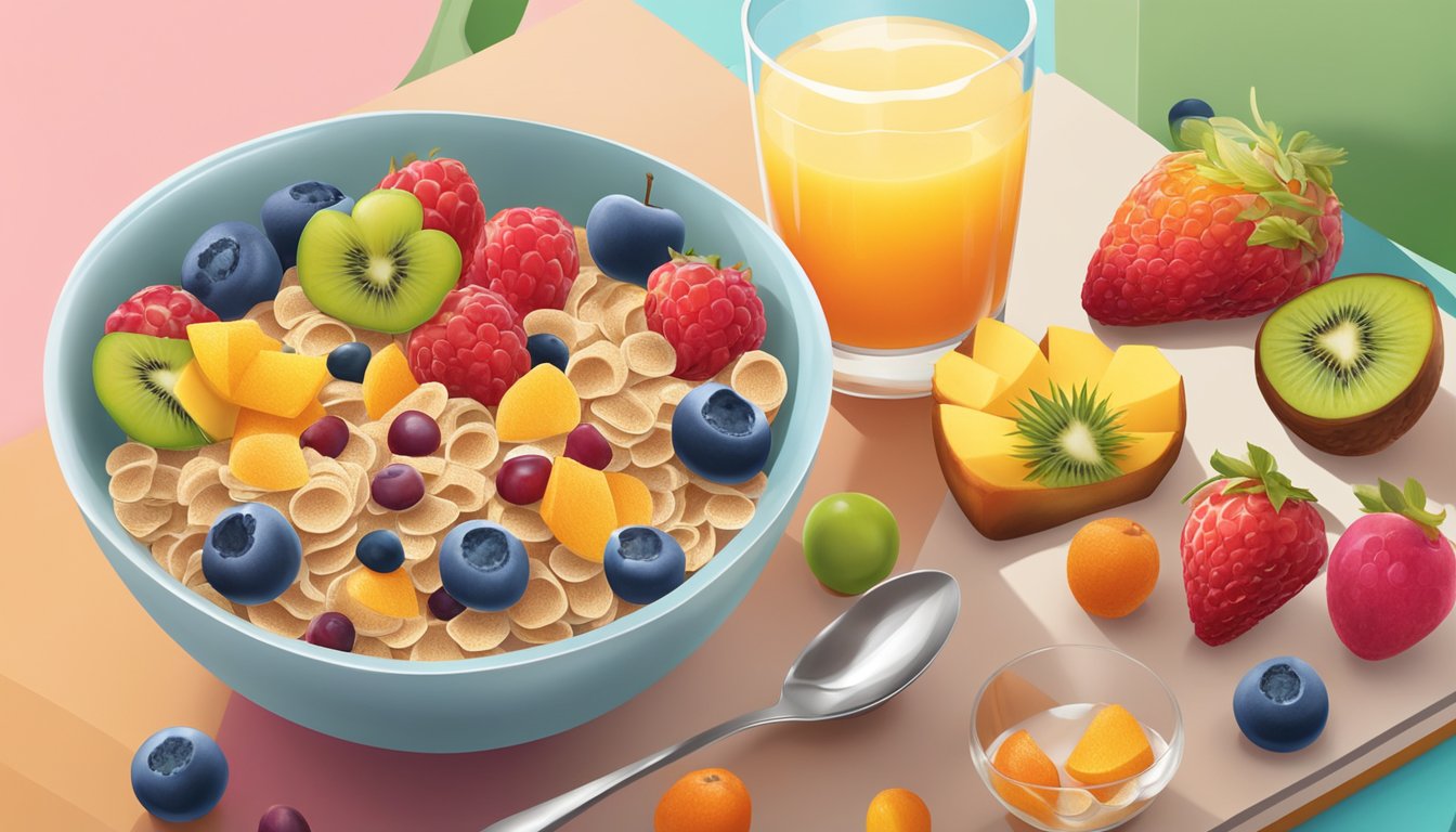 A bowl of Fiber One cereal with a spoon beside it, surrounded by a variety of colorful fruits and a glass of water