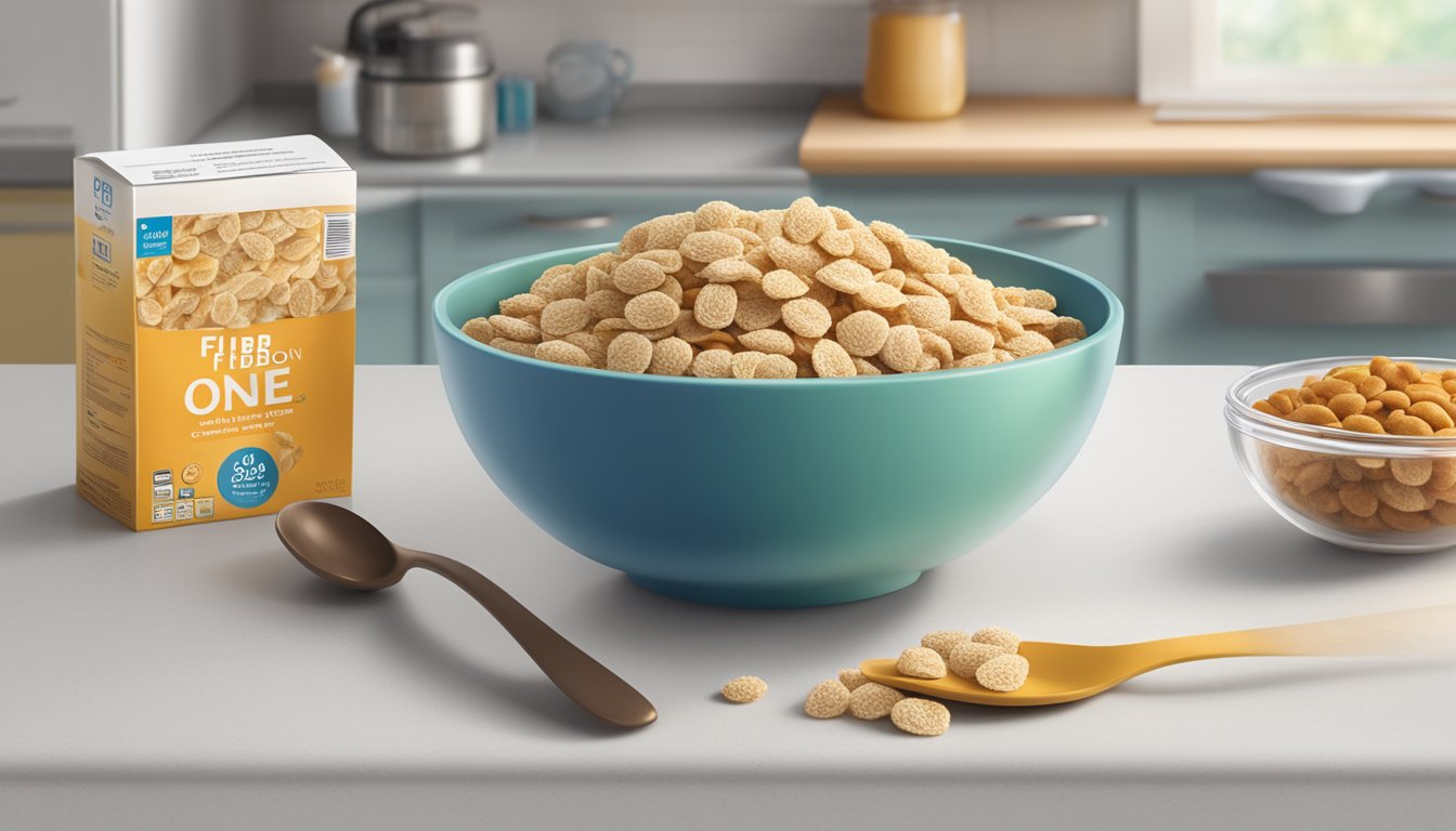 A bowl of Fiber One cereal with a spoon, a nutrition label, and a diabetic testing kit on a kitchen counter