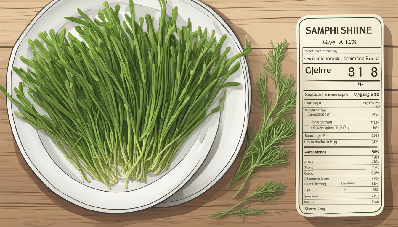 A plate of fresh samphire with a nutritional label and a glycemic index chart next to it