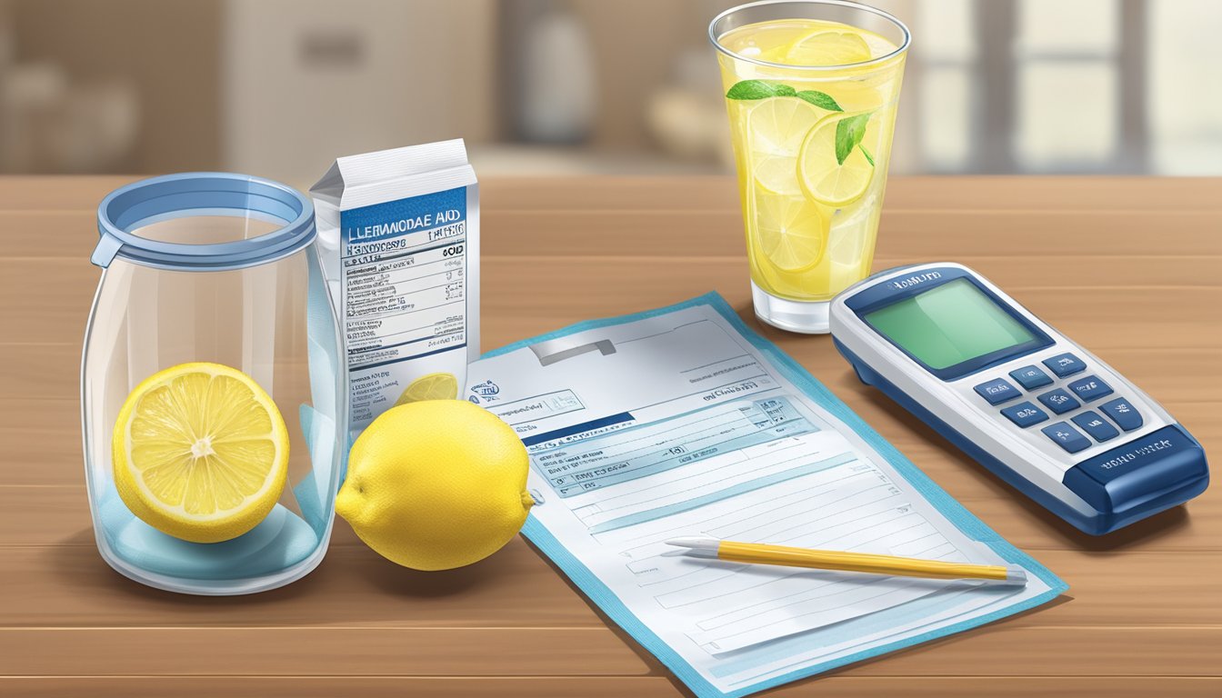 A glass of Minute Maid Lemonade with a sugar substitute packet next to it, a diabetic testing kit on the table, and a doctor's note recommending portion control