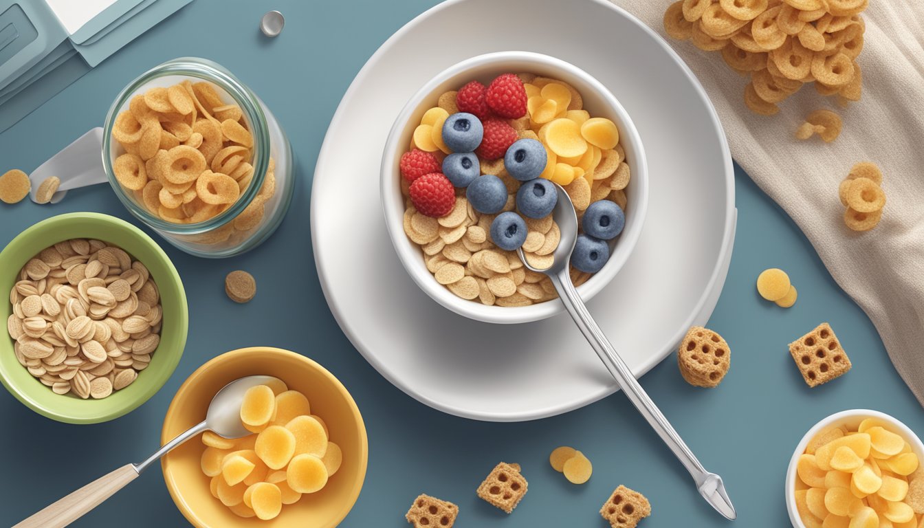 A bowl of Fiber One cereal with a spoon next to it, surrounded by a measuring cup and a diabetes-friendly food guide