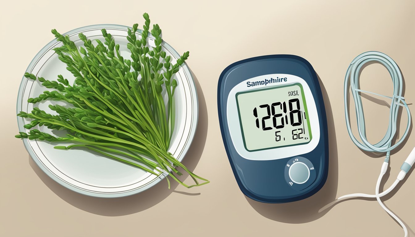 A plate of samphire next to a blood sugar monitor and a chart showing stable levels