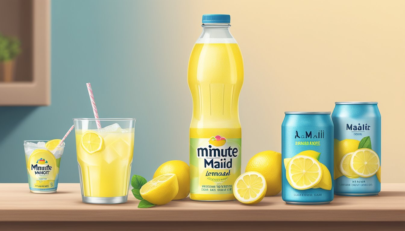 A glass of Minute Maid Lemonade sits next to a measuring cup, a bottle of sugar-free lemonade, and a stack of low-sugar lemonade cans