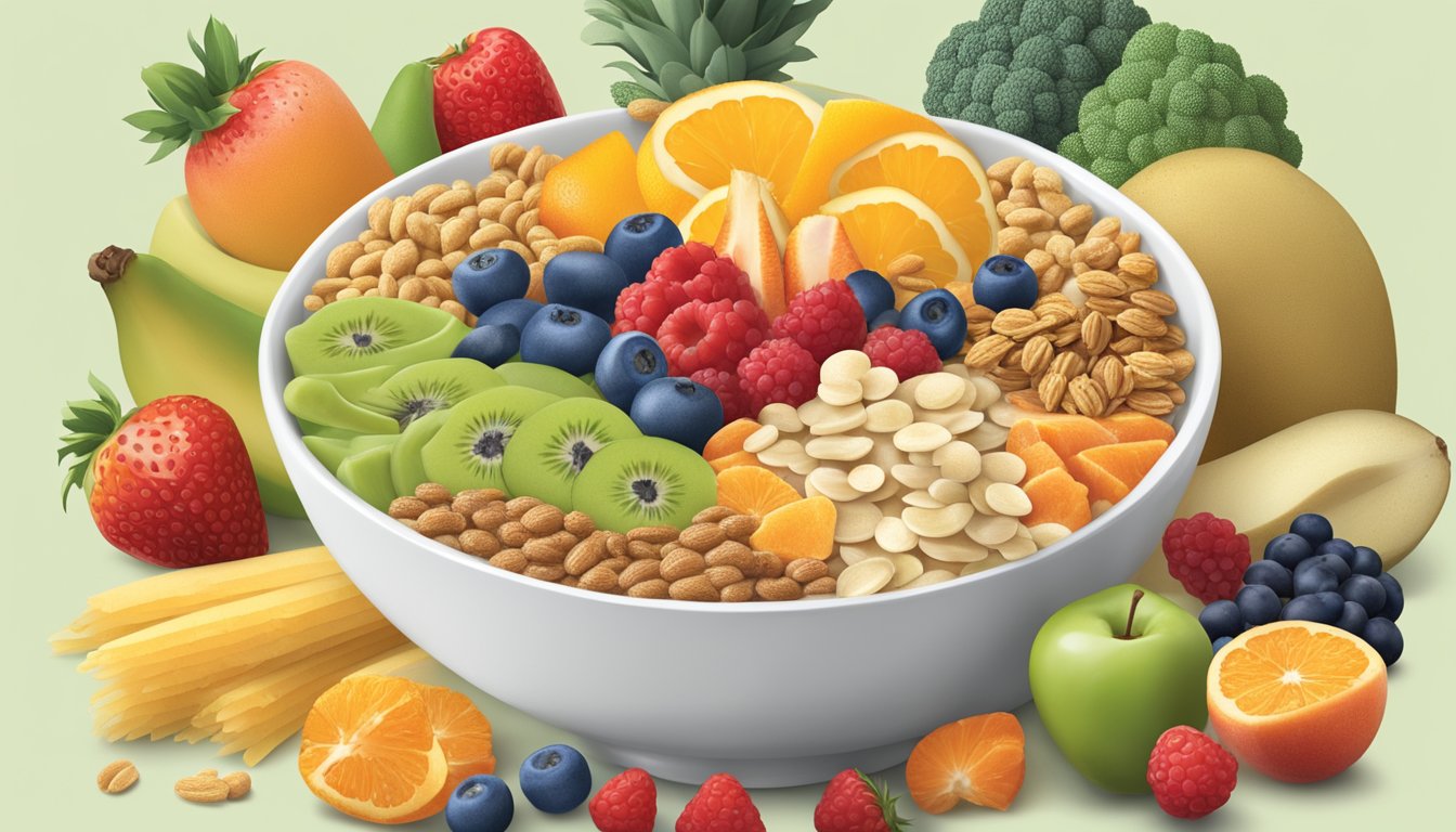 A bowl of Fiber One cereal surrounded by a variety of diabetic-friendly foods, such as fruits, vegetables, and lean proteins