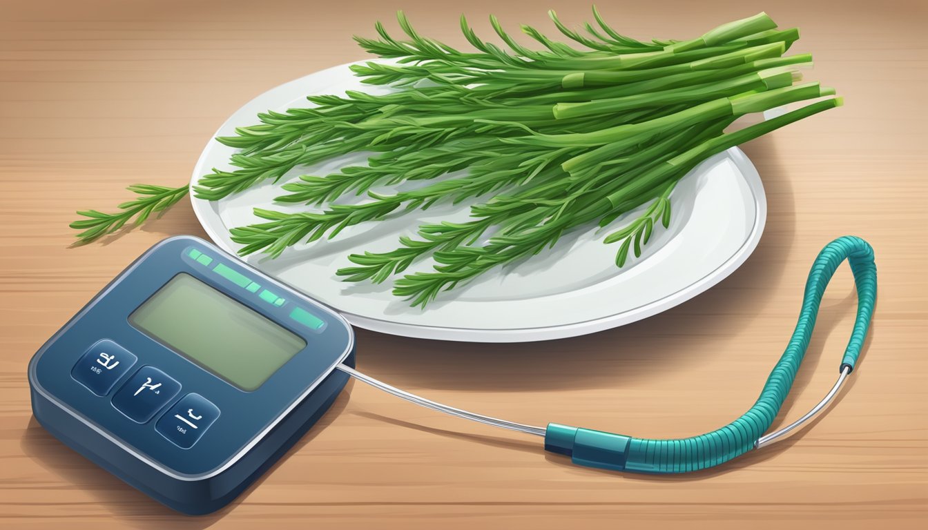 A plate with samphire and a blood sugar monitor on a table