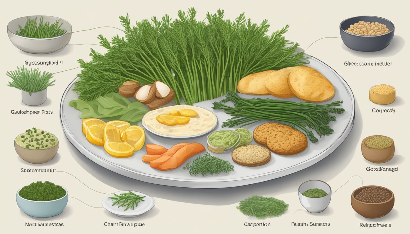 A plate with various types of food categorized by their glycemic index, with a focus on samphire