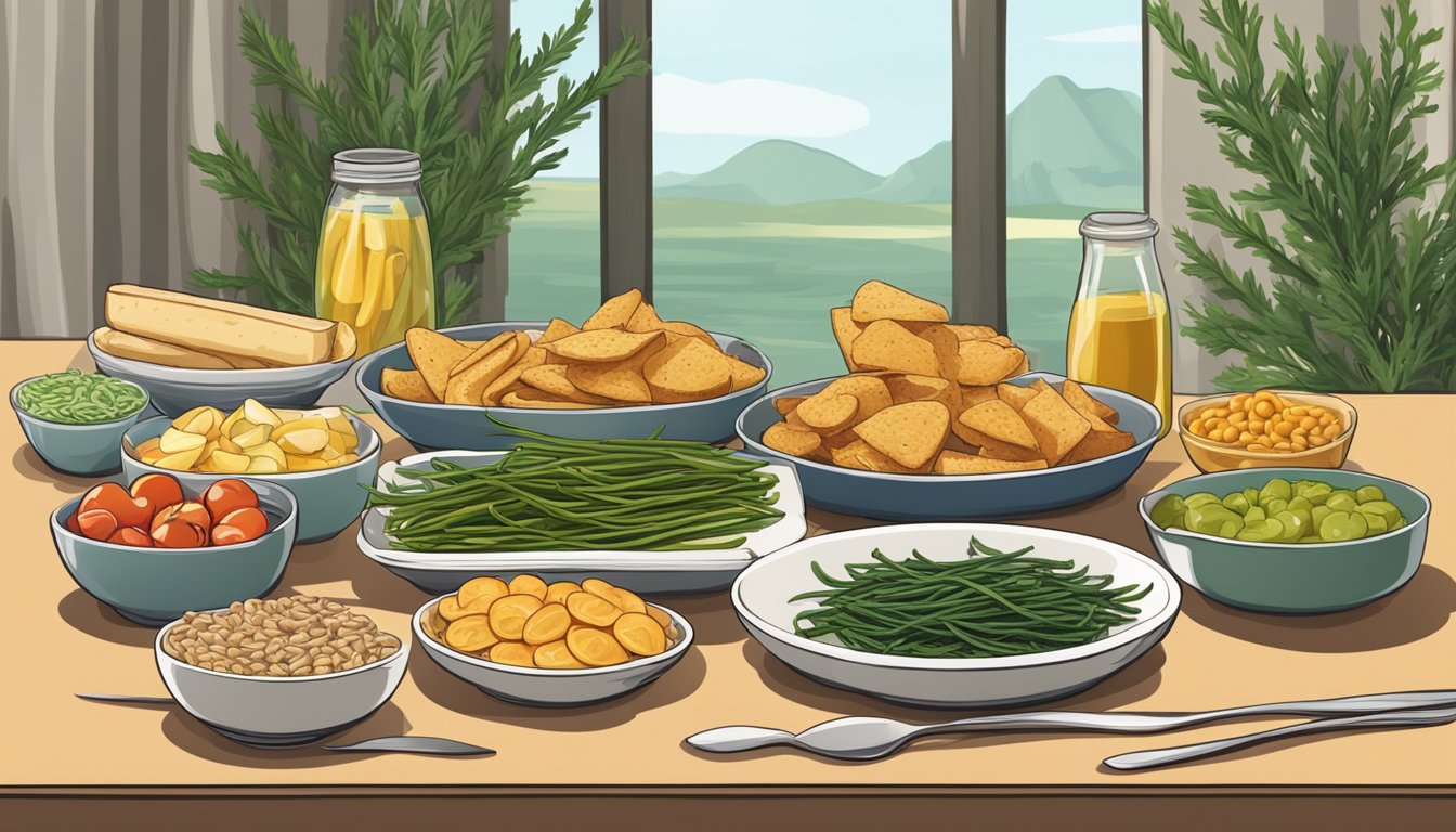 A table set with various processed foods and snacks, alongside a plate of fresh samphire