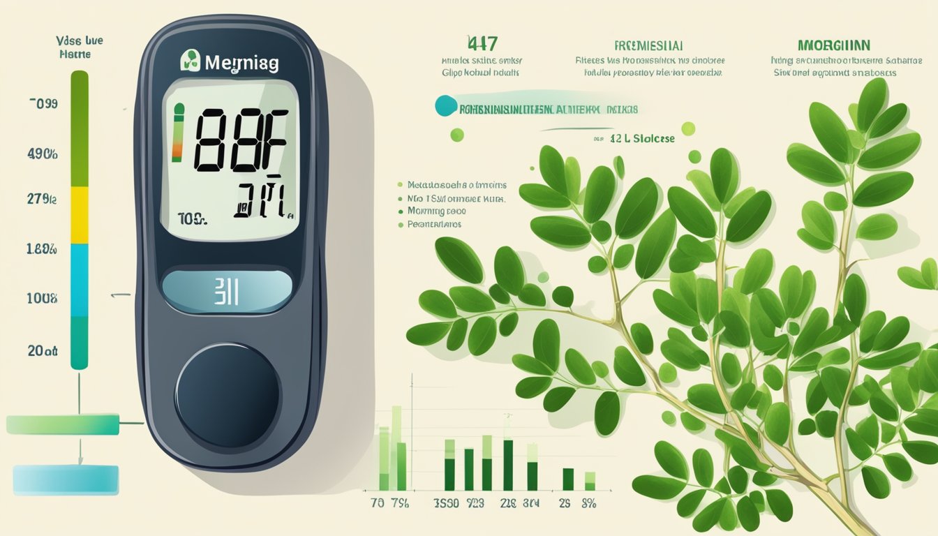 A moringa plant with a blood glucose meter and a chart showing the glycemic index values