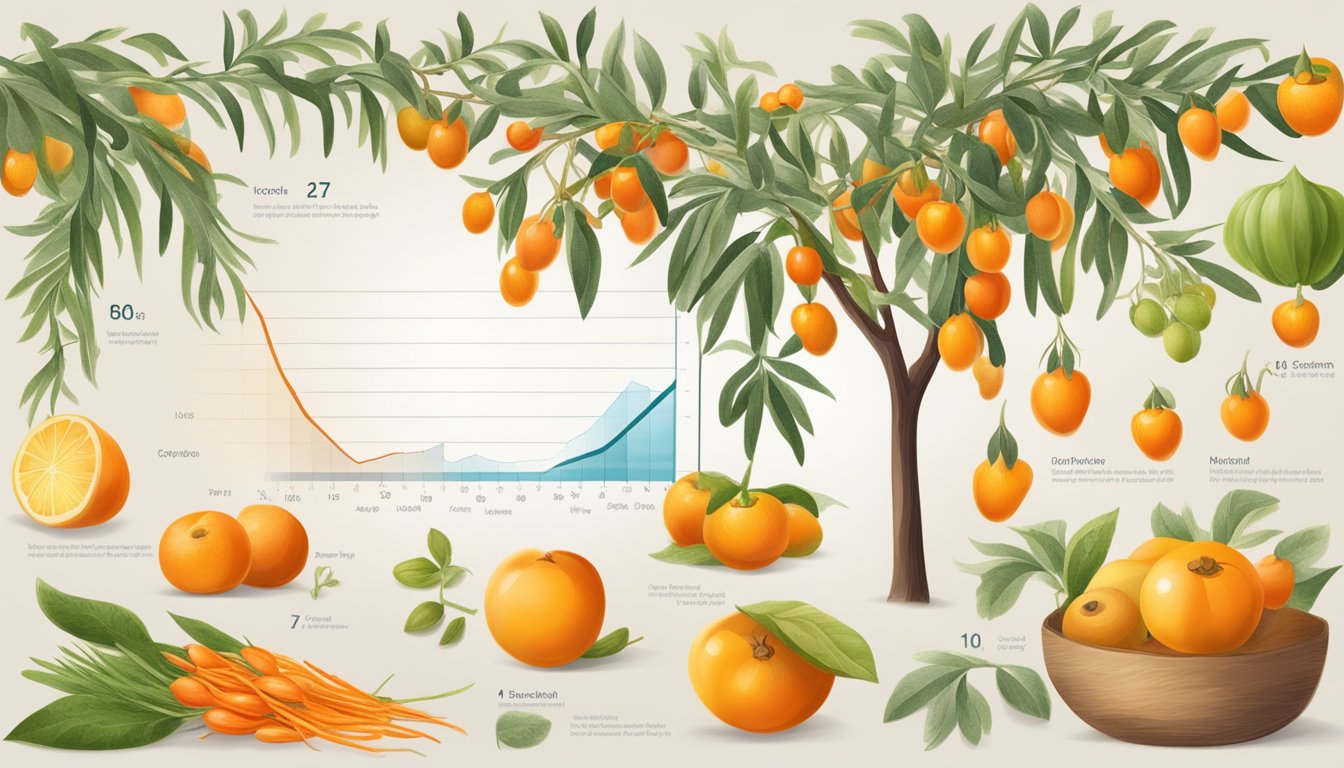 A vibrant sea buckthorn plant surrounded by various fruits and vegetables, with a glycemic index chart in the background