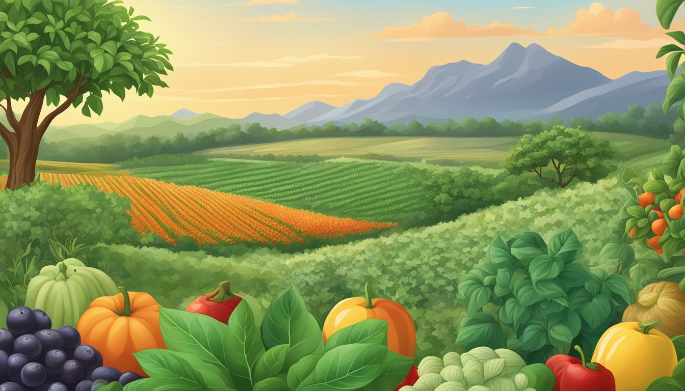 A serene landscape with a field of ashwagandha plants surrounded by a variety of fruits and vegetables, indicating its use in promoting health and managing blood sugar levels