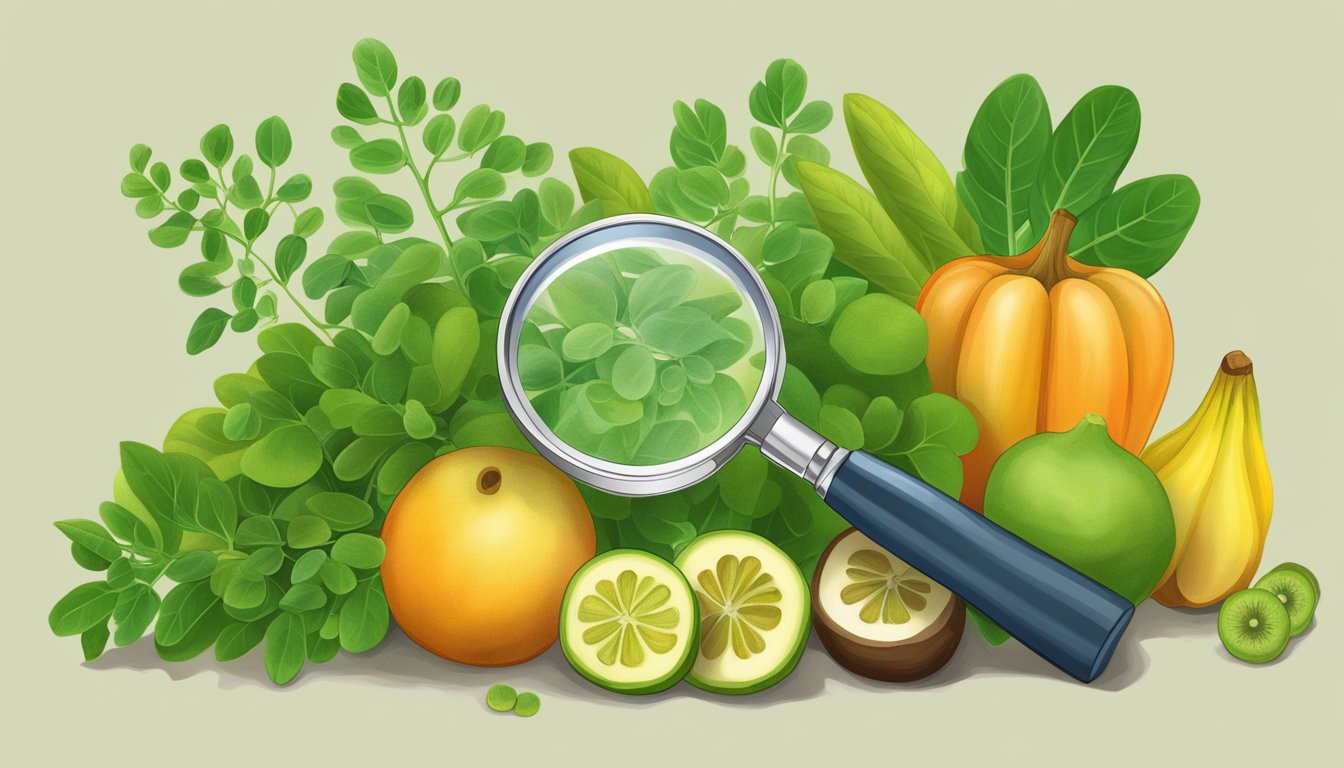 A vibrant moringa plant surrounded by various fruits and vegetables, with a magnifying glass highlighting its phytochemical profile