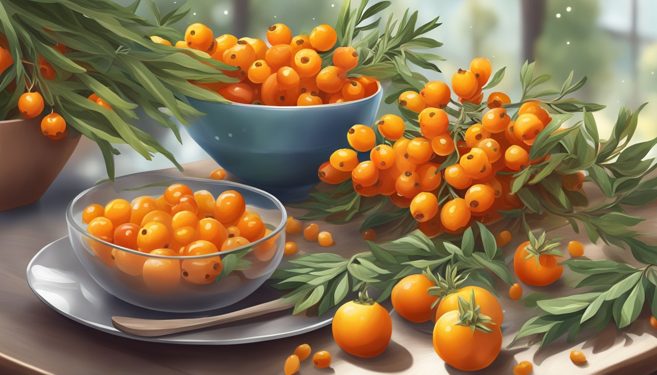 A vibrant sea buckthorn plant surrounded by various fruits and vegetables, with a plate of healthy food in the background