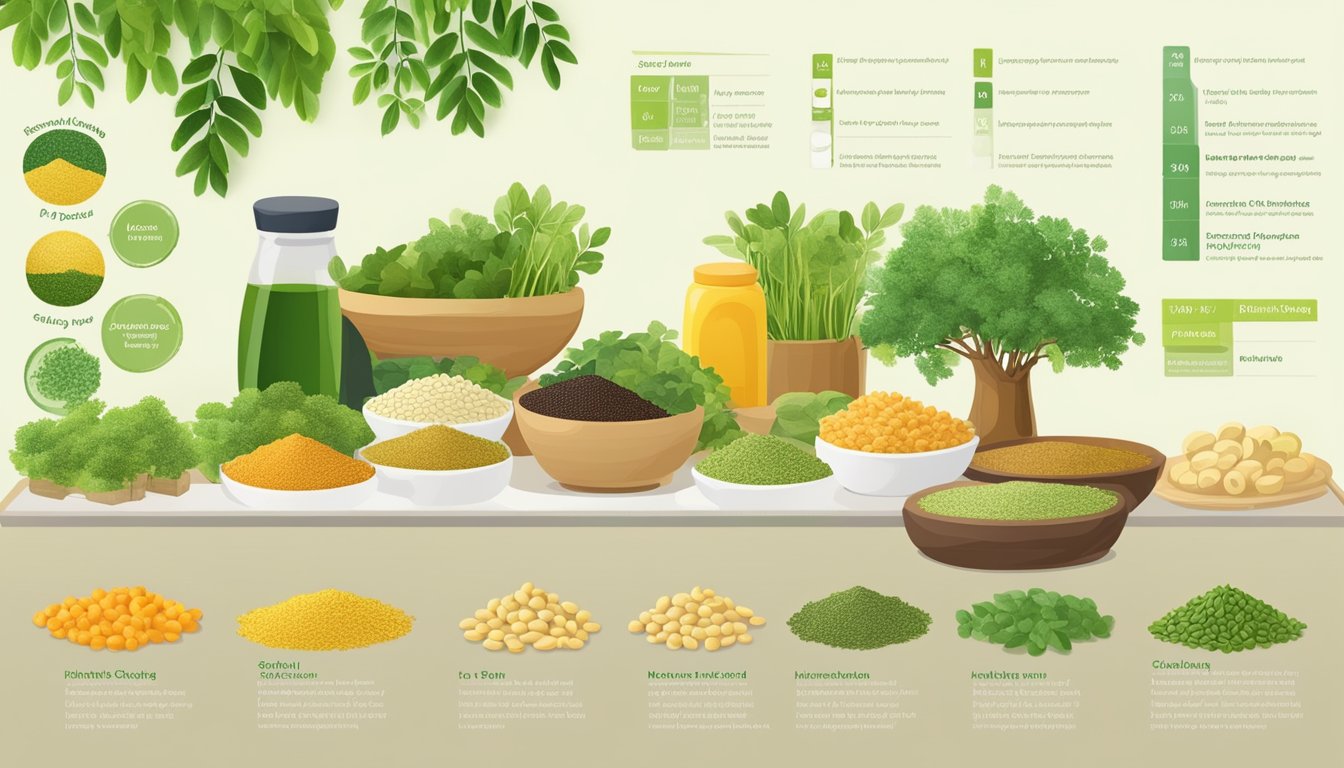 A table with a variety of foods, including moringa, and a glycemic index chart displayed next to it