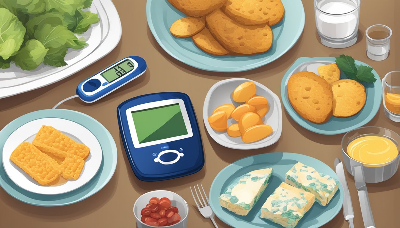 A table with various foods and a blood glucose monitor showing low readings