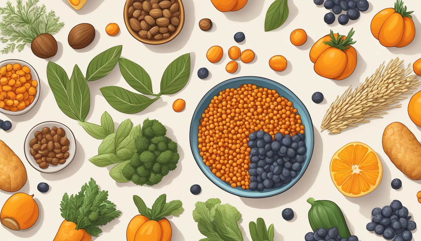 A bowl of sea buckthorn berries surrounded by a variety of low-glycemic index foods like vegetables, nuts, and whole grains