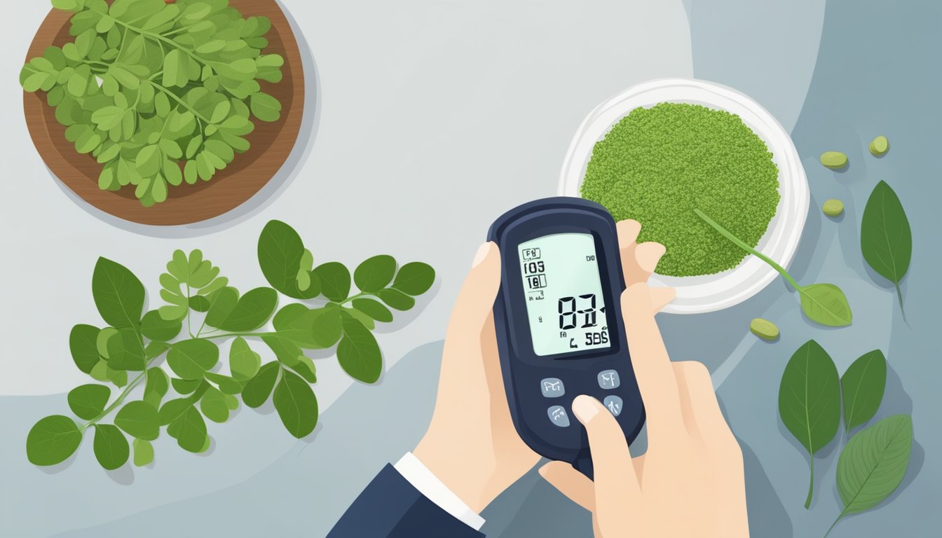 A person holding a fresh moringa leaf with a glucometer and a chart showing low glycemic index foods in the background