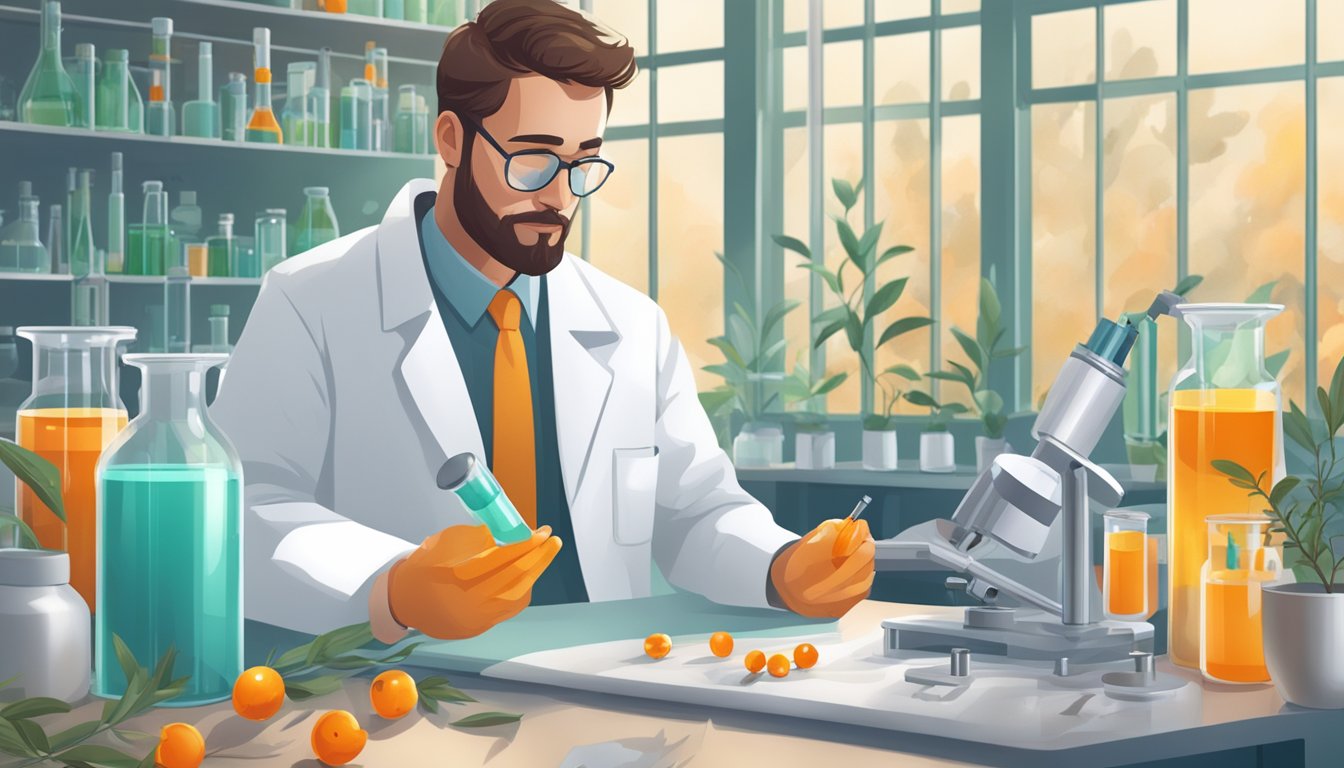 A scientist in a lab coat examines a test tube containing sea buckthorn extract, surrounded by medical research equipment