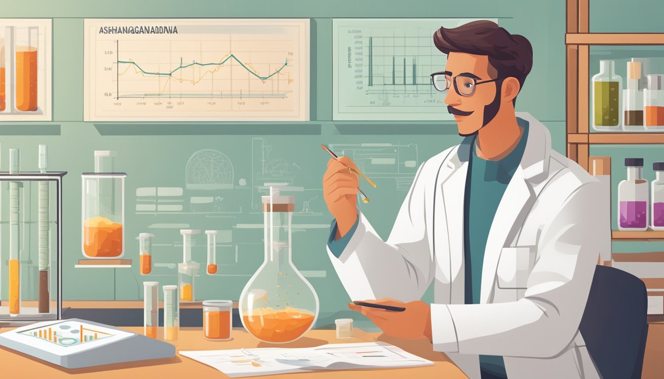 A scientist in a lab coat measures blood sugar levels next to a beaker of Ashwagandha extract. Charts and graphs line the walls