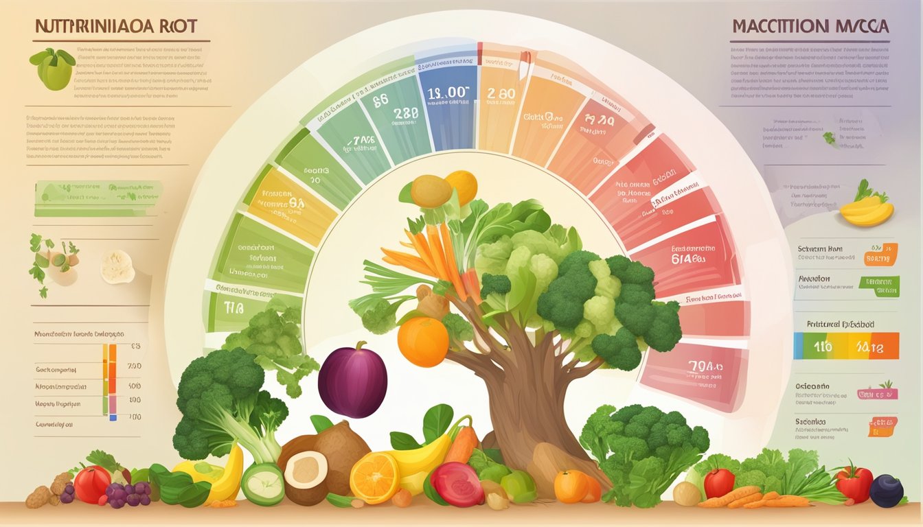 A colorful chart displaying the nutritional profile of maca root, including its glycemic index, surrounded by various fruits and vegetables