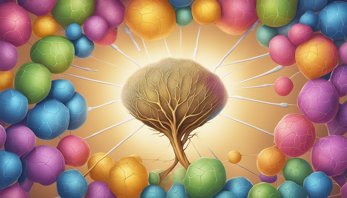 A colorful maca root surrounded by glucose molecules, illustrating its impact on glucose metabolism